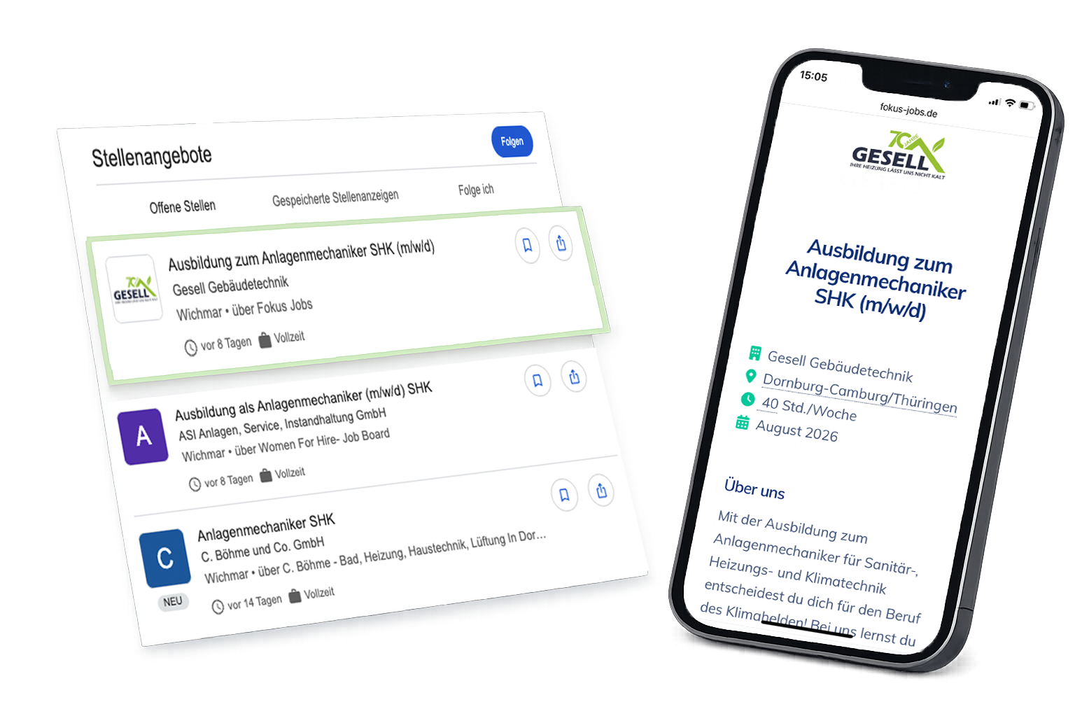Beispiel: Ausbildungsstelle bei Google for Jobs und Jobseite auf fokus-jobs.de
