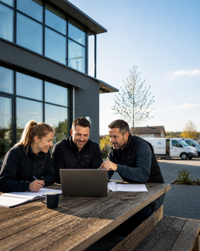 SHK-Team in Arbeitskleidung bei einer Besprechung vor dem Betrieb – professioneller Außenauftritt und Teamarbeit